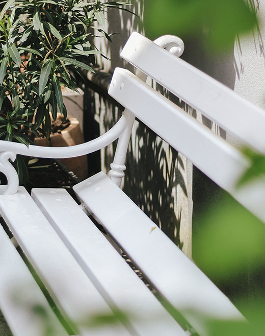 a white bench situated in an outdoor setting, with a lush green plant growing beside it